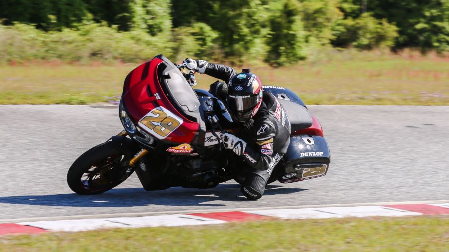 Tyler O'Hara takes a corner on the black-and-red 2021 S&S King of the Baggers Indian Challenger
