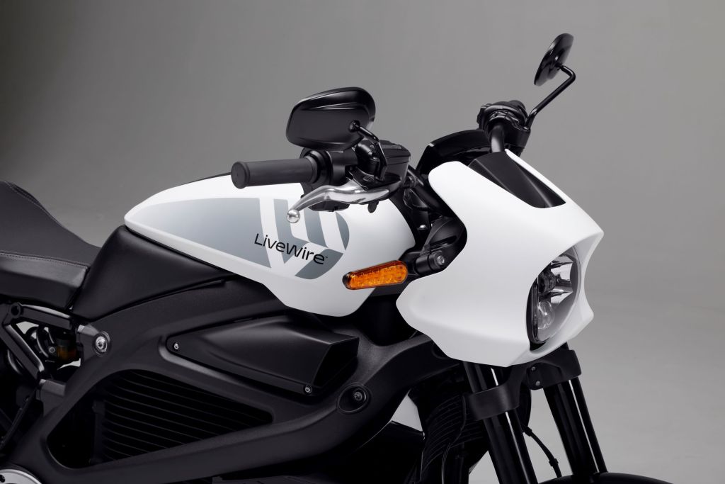 A close-up of a white LiveWire-branded electric motorcycle
