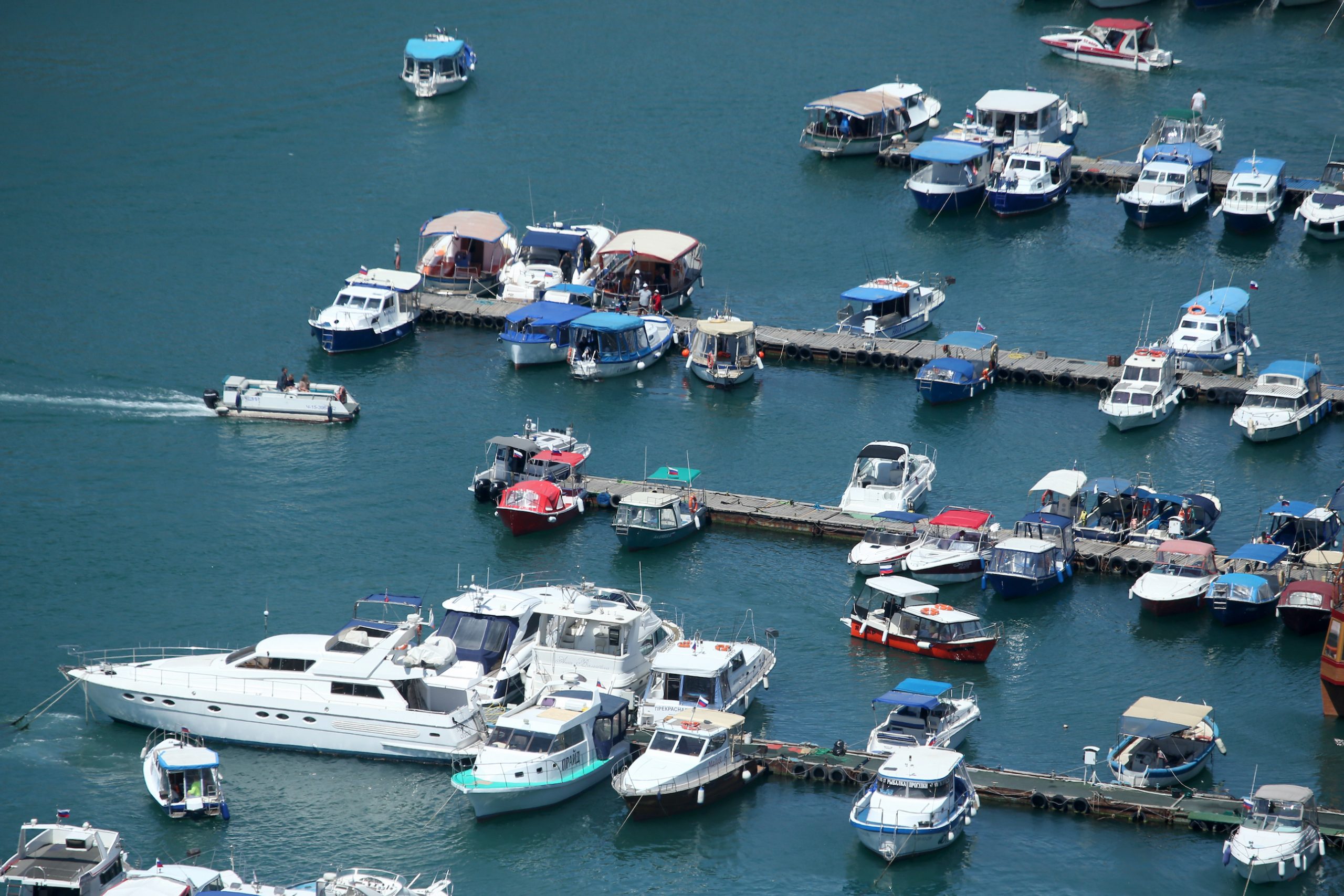 Yachts and boats are pictured on the water at the docks in the town of Balaklava