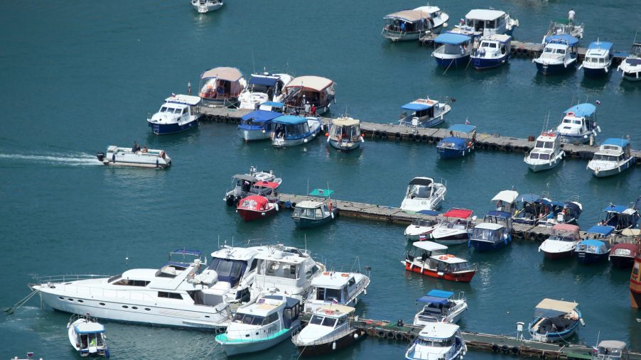 Yachts and boats are pictured on the water at the docks in the town of Balaklava