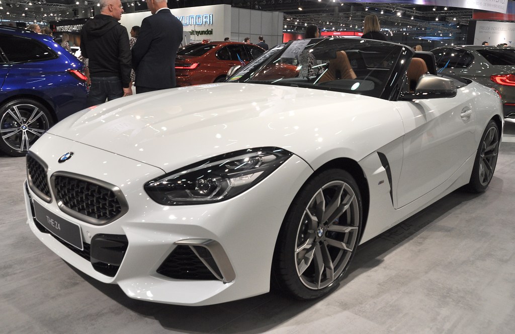 A white BMW Z4 on display