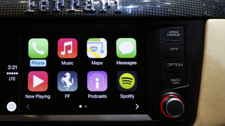 Apple CarPlay shown on the infotainment screen of a new Ferrari FF