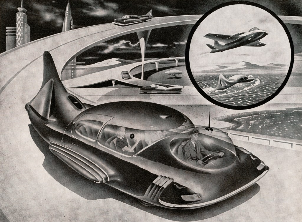 Retro illustration of a couple being driven in a futuristic electric car that drives on the road, flies in the air, and functions as a boat