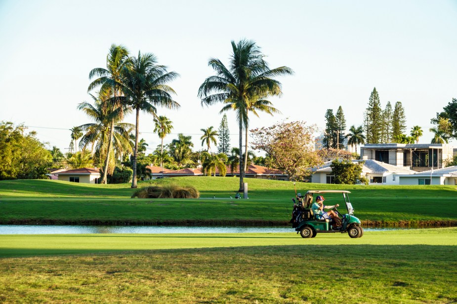 A golf cart on Normandy Shores Golf Club Course in Miami Beach, Florida