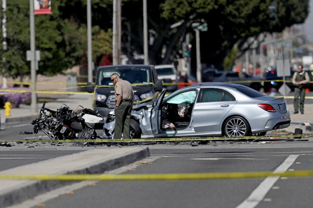 The scene of a crash that killed a Los Angeles County Sheriff's Department motorcycle deputy on Thursday, February 25, 2021, in Lakewood, California