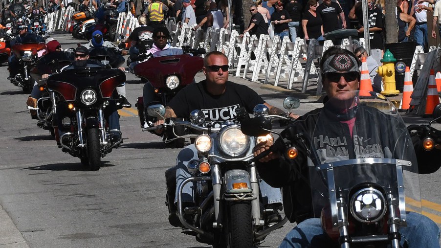 Motorcyclists ride down Main Street during the 80th-annual Daytona Beach Bike Week on March 10, 2021