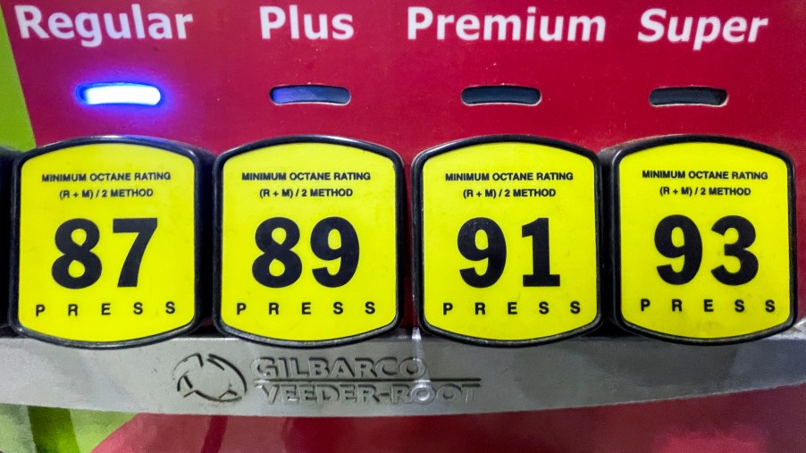 A detail photo of the buttons to select the octane level of fuel at a gas pump