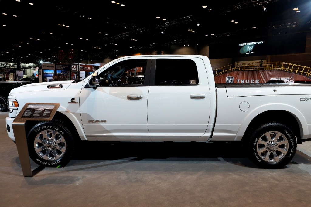 A white Ram 2500 pickup truck in display
