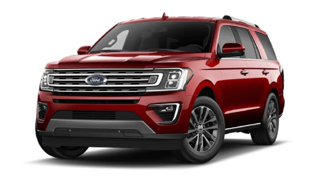 A red 2021 Ford Expedition. The Expedition is slightly safer than its luxury counterpart, the 2021 Lincoln Navigator.
