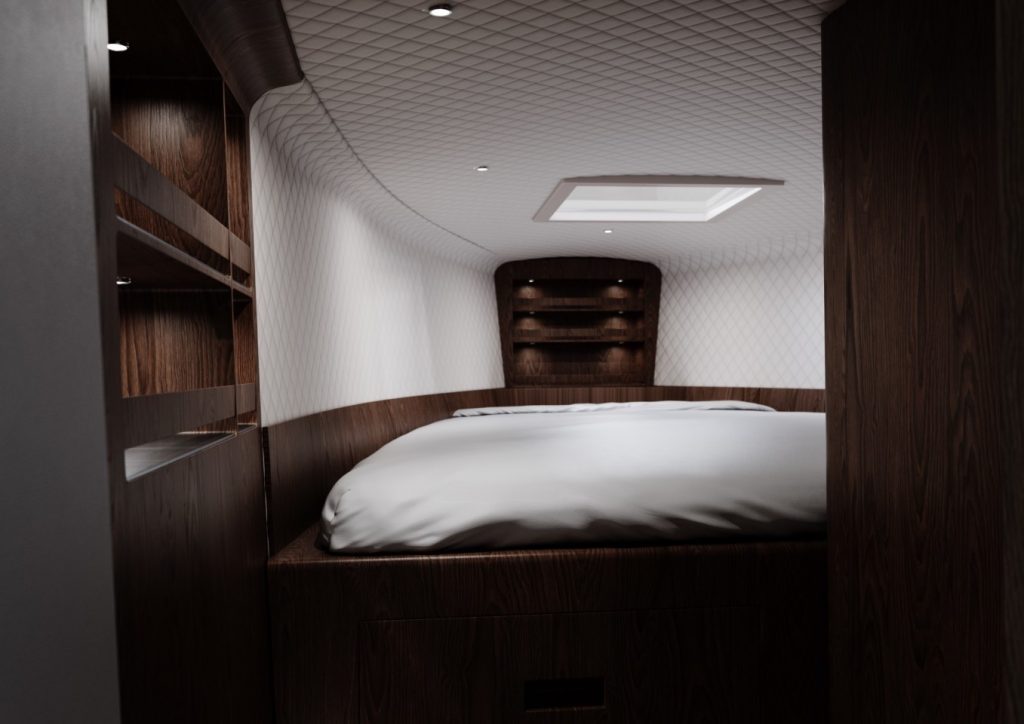 the sarvo 37 sleeping cabin with a twin bed and a coffee station