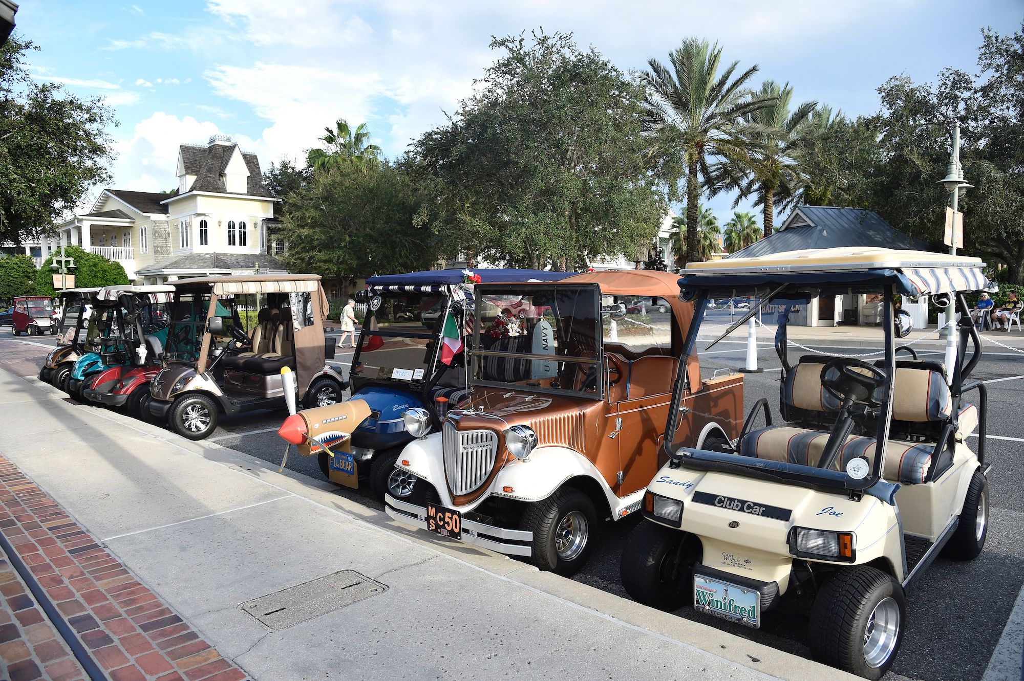 Golf carts line the street in the the Villages retirement community outside of Orlando, Florida, on October 4, 2016