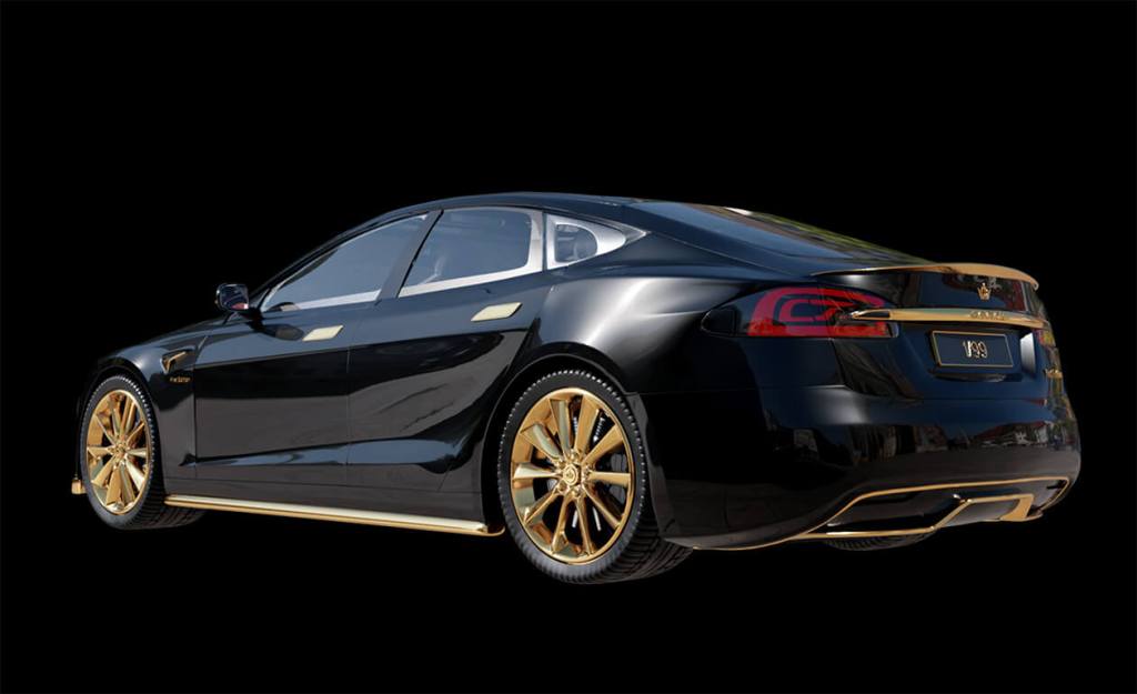 Caviar 24K gold Tesla Model S rear 3/4 view