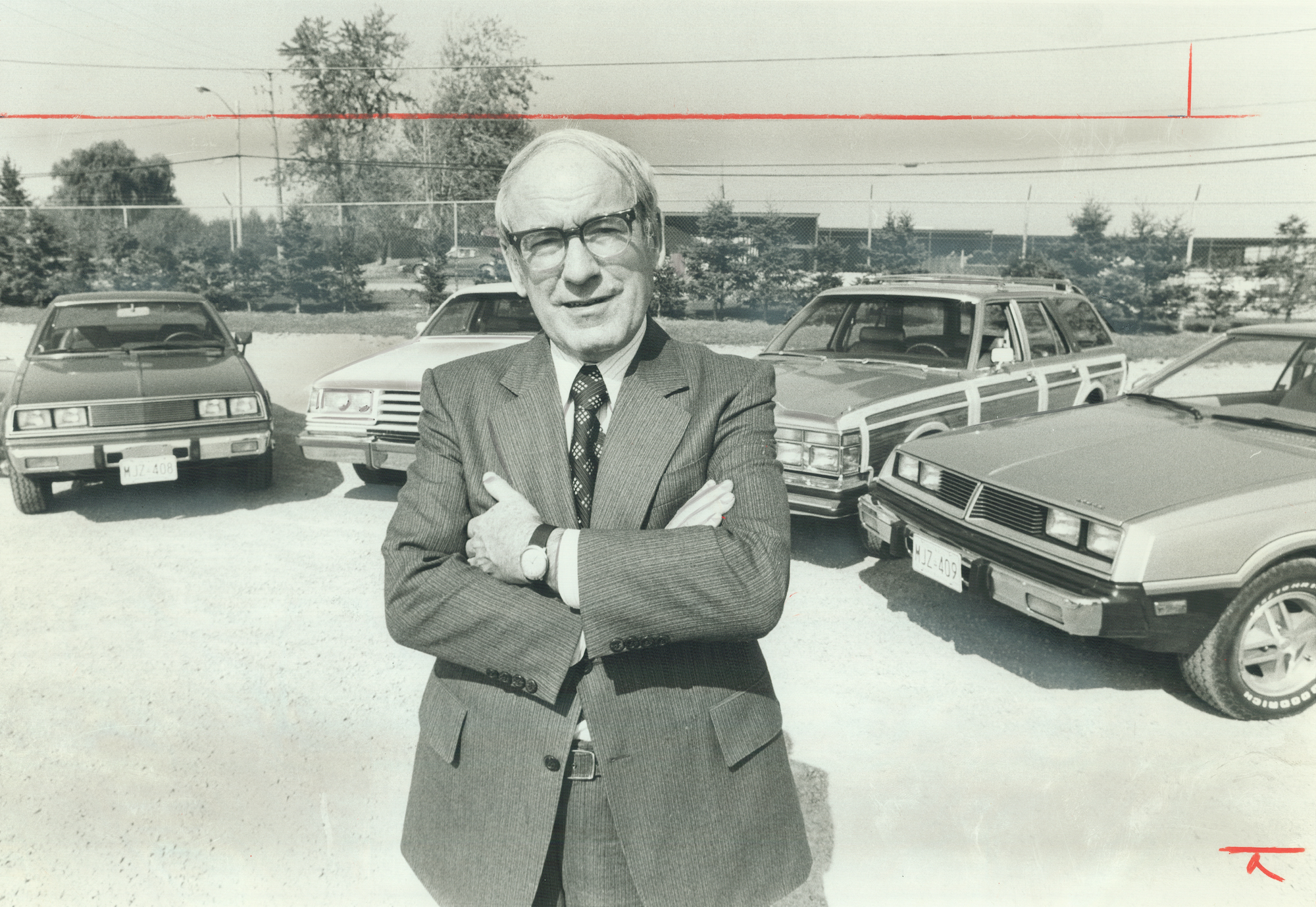 On September 8, 1977, C.O. Hurly, president of Chrysler Canada Ltd., stands in front of four 1978 models: the Plymouth Sapporo (left), Dodge Magnum XE, Chrysler Town & Country LeBaron, and Dodge Challenger, a subcompact