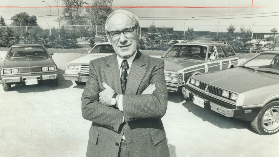 On September 8, 1977, C.O. Hurly, president of Chrysler Canada Ltd., stands in front of four 1978 models: the Plymouth Sapporo (left), Dodge Magnum XE, Chrysler Town & Country LeBaron, and Dodge Challenger, a subcompact