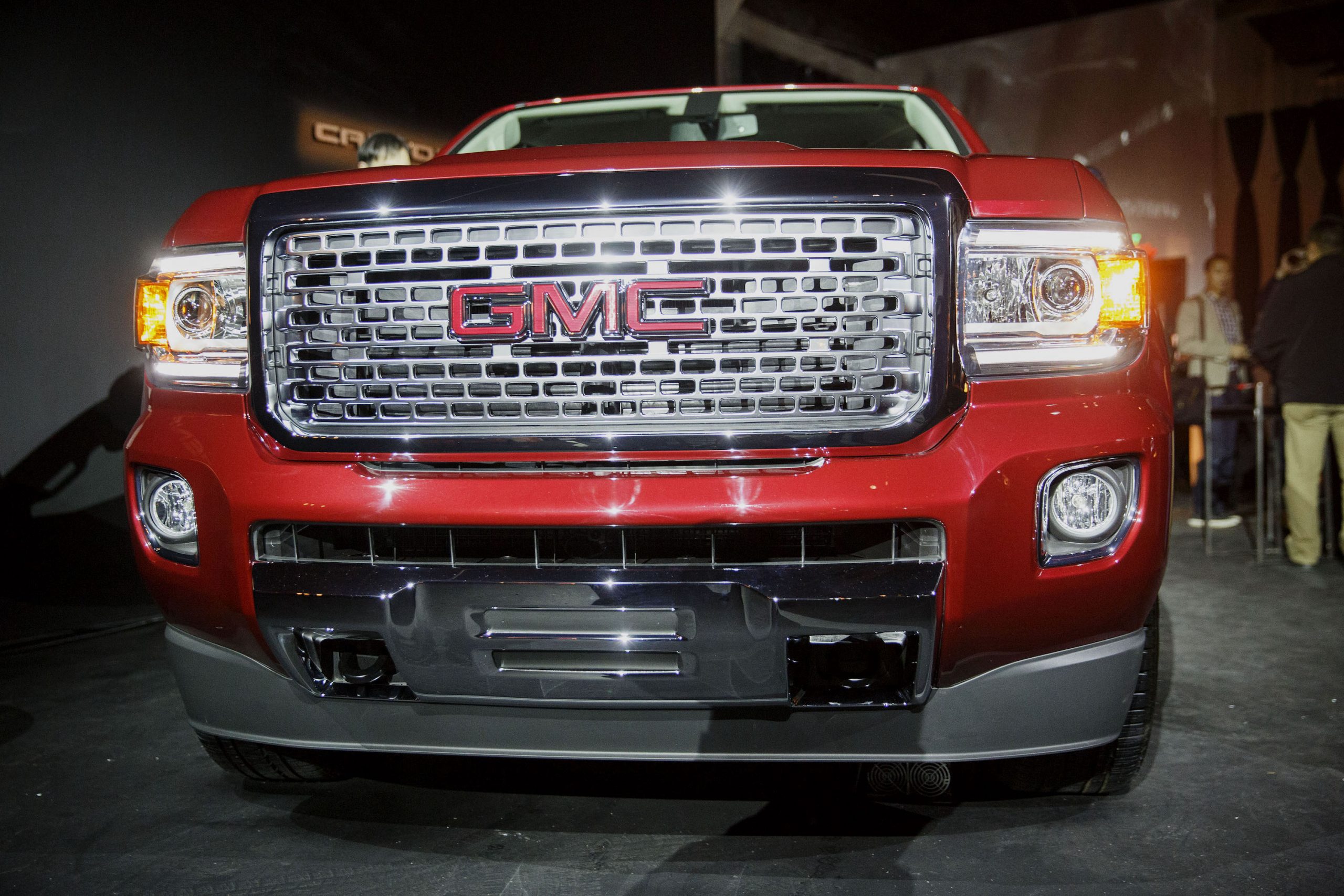 The red General Motors Co. (GM) GMC 2017 Canyon Denali truck is displayed during an event ahead of the Los Angeles Auto Show