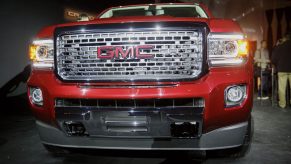 The red General Motors Co. (GM) GMC 2017 Canyon Denali truck is displayed during an event ahead of the Los Angeles Auto Show