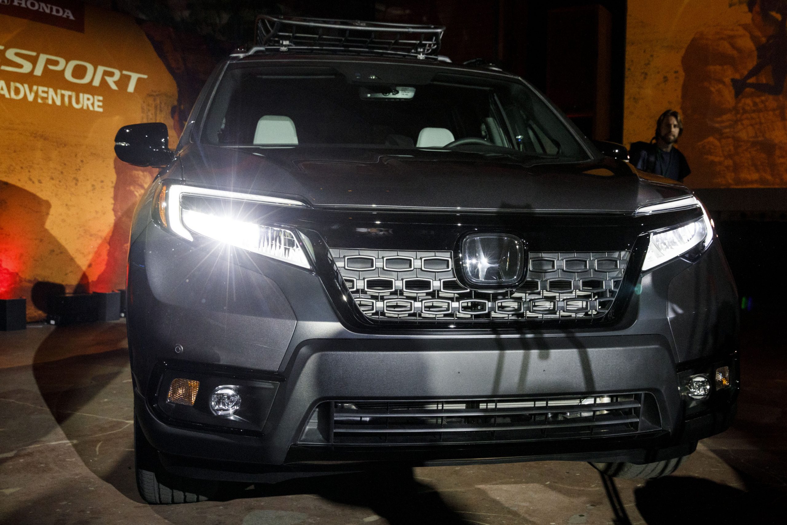 A black Honda Motor Co. Passport sport utility vehicle (SUV) sits on display during a reveal event