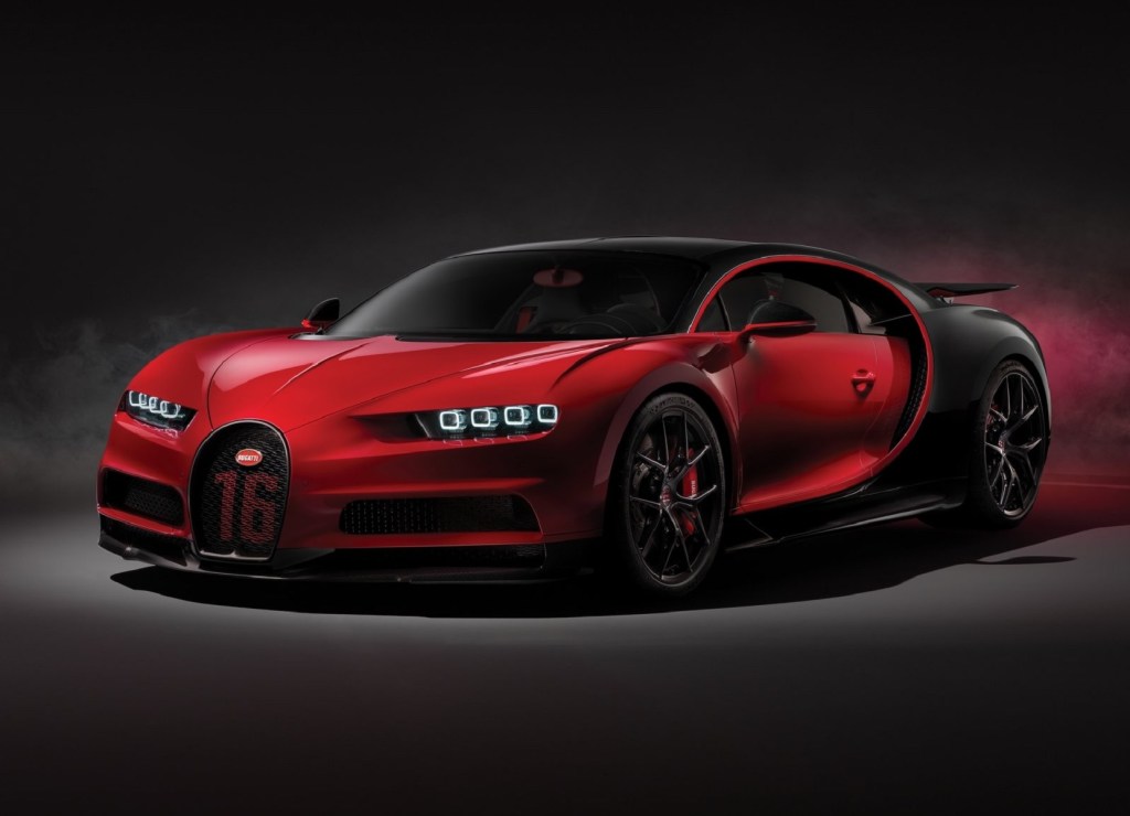 A red-and-black 2019 Bugatti Chiron Sport