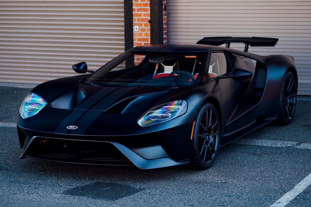 side shot of a Matte Black Ford GT