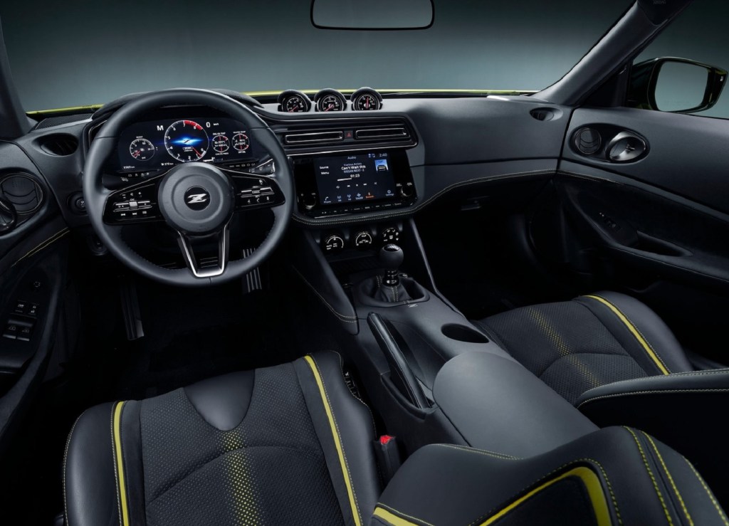 The black-and-yellow front seats and dashboard of the 2020 Nissan Z Proto Concept