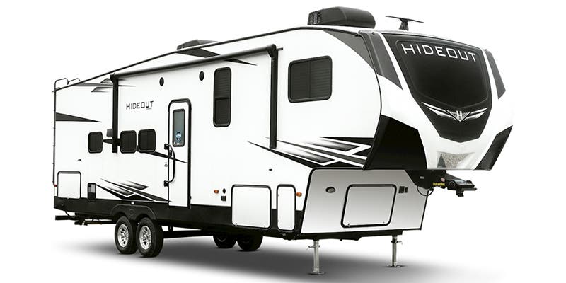 The Keystone Hideout travel trailer in a press photo against a white backdrop