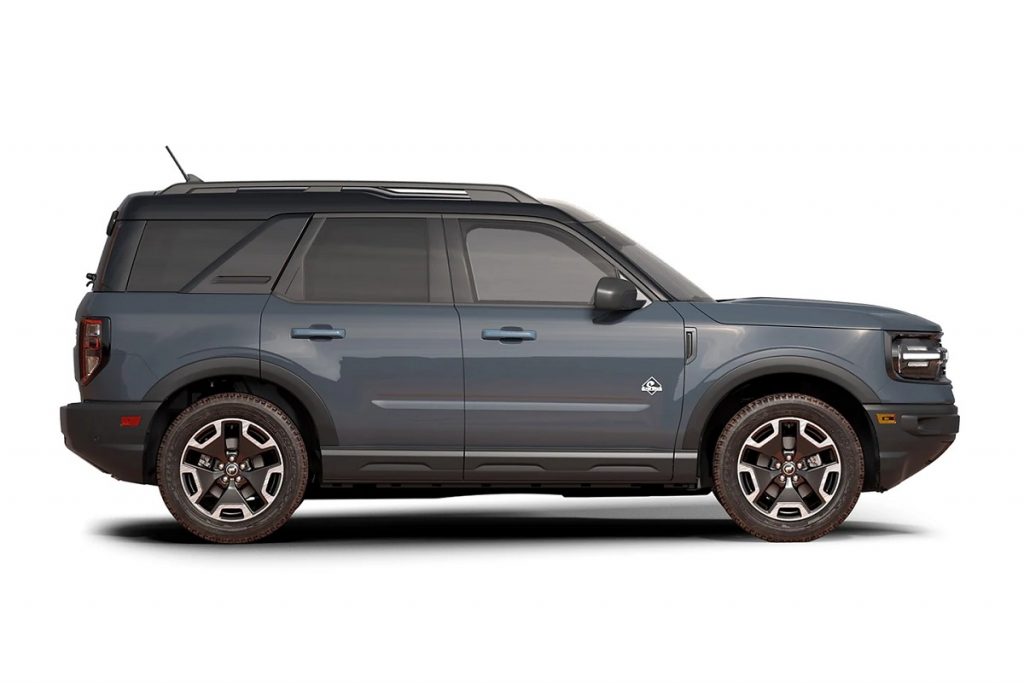 A gray 2021 Ford Bronco against a white backdrop. The Ford Bronco comes standard with all Consumer Reports recommended advanced safety systems.