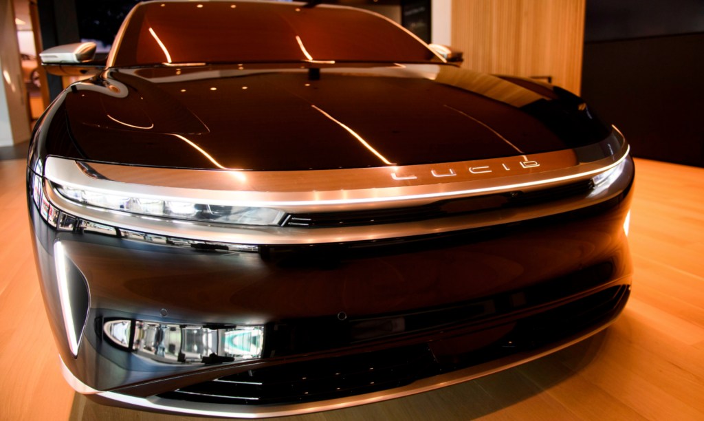 Black Lucid Air Grand Touring electric luxury car is displayed at the Lucid Motors Inc. studio and service center.