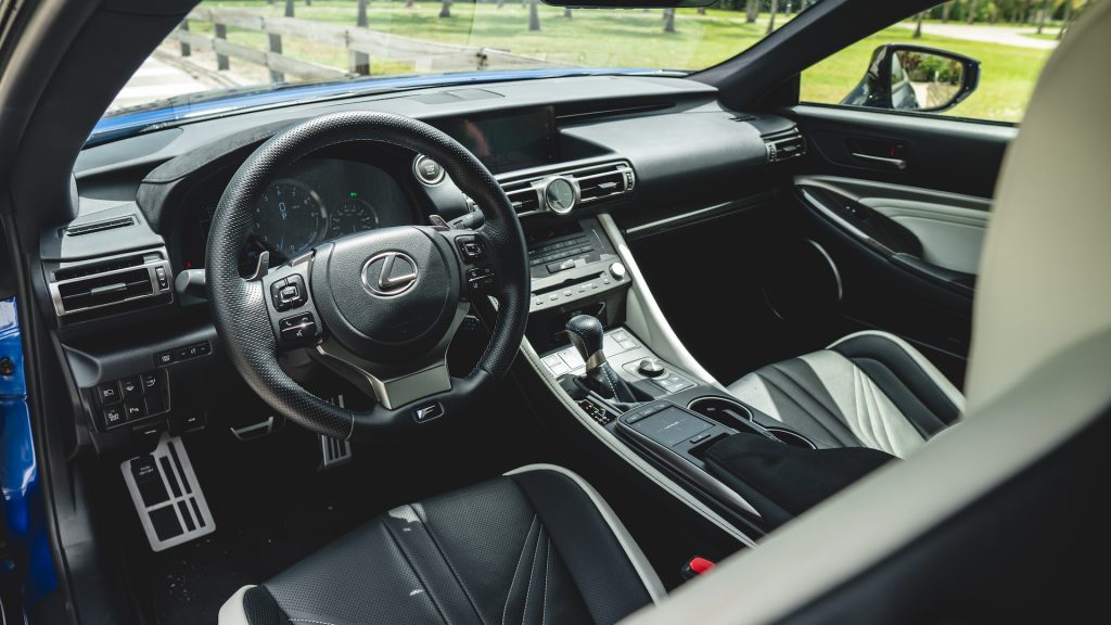 An image of a blue 2021 Lexus RC F parked outdoors.