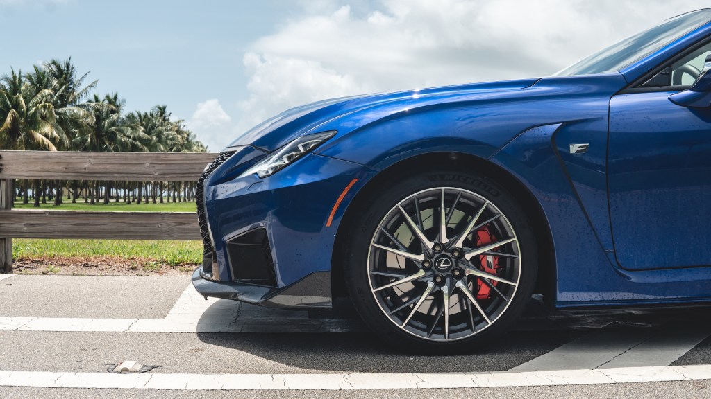 An image of a blue 2021 Lexus RC F parked outdoors.