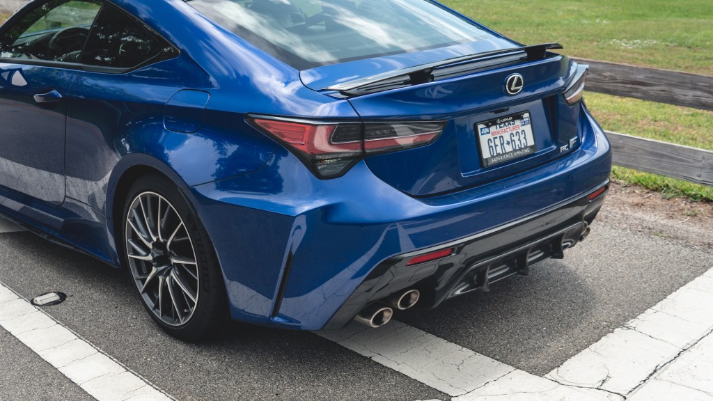 An image of a blue 2021 Lexus RC F parked outdoors.