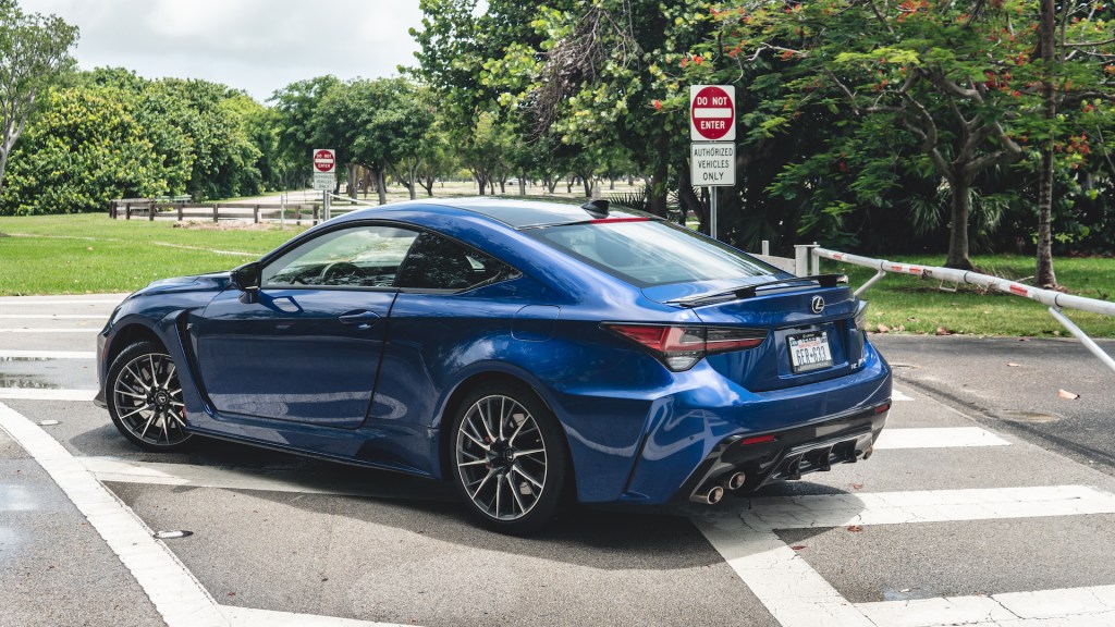 An image of a blue 2021 Lexus RC F parked outdoors.