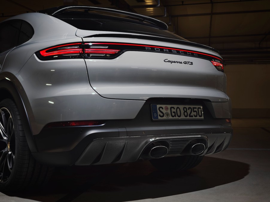 A review view of a white 2021 Porsche Cayenne GTS Coupe luxury midsize SUV