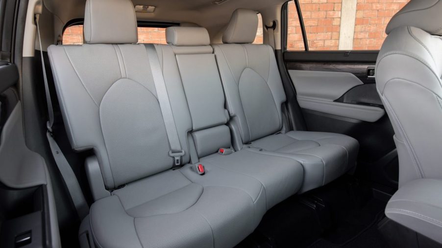 The gray-leather 3rd-row seating of a 2021 Toyota Highlander Platinum midsize SUV