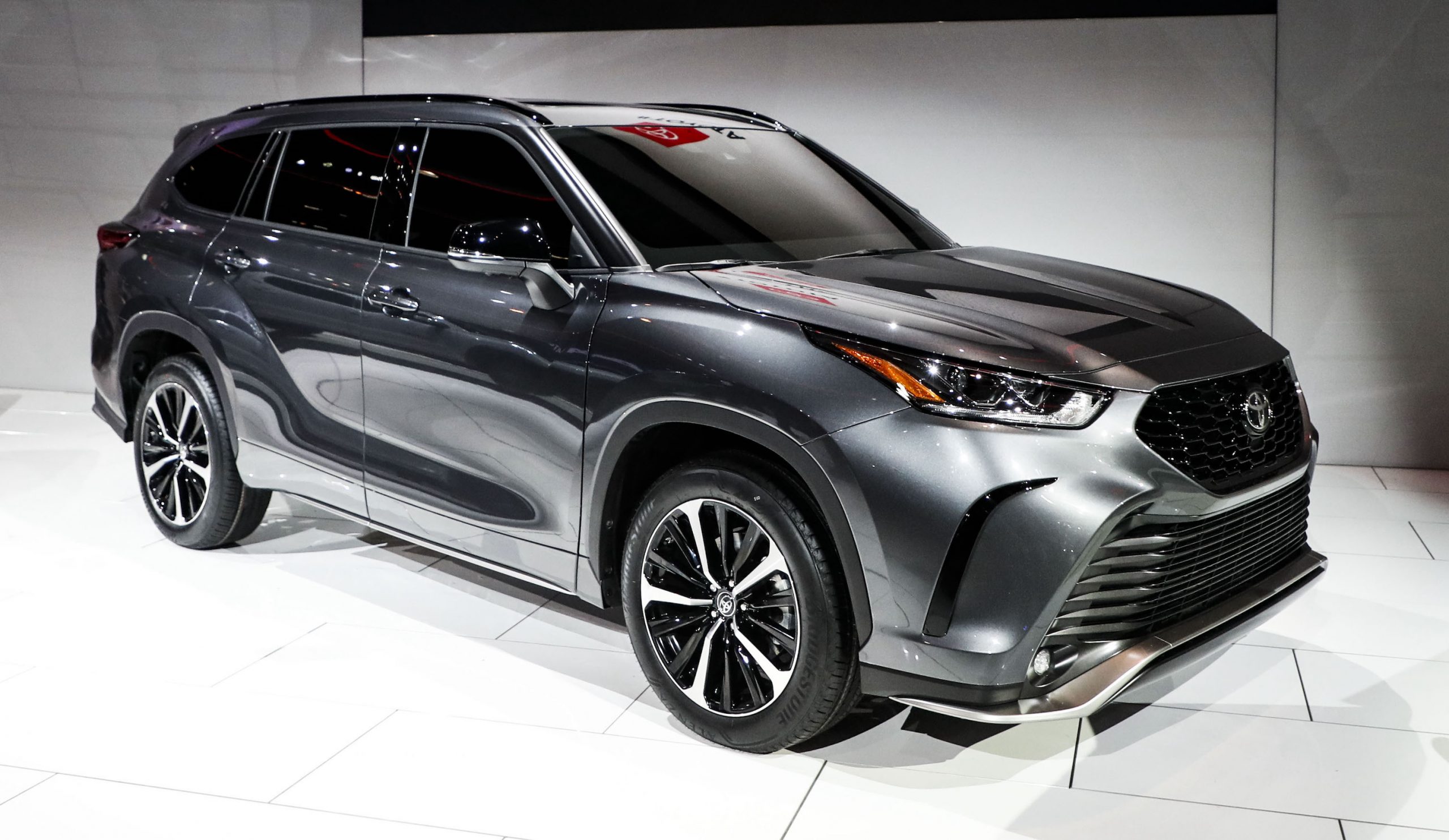 Toyota's gray 2021 Highlander XLE is displayed at the 2020 Chicago Auto Show Media Preview