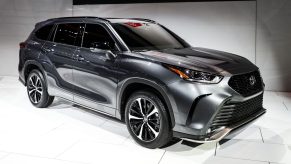 Toyota's gray 2021 Highlander XLE is displayed at the 2020 Chicago Auto Show Media Preview