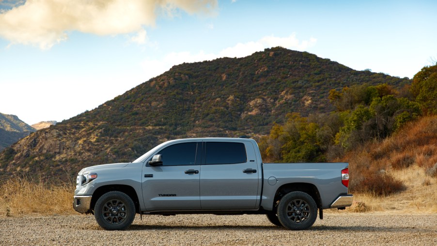 A silver 2021 Toyota Tundra parked in the wilderness, the Toyota Tundra is one of the cheapest trucks to maintain