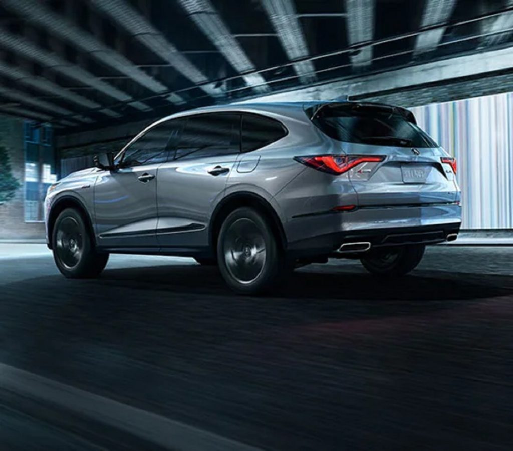 A silver 2022 Acura MDX in a parking garage.