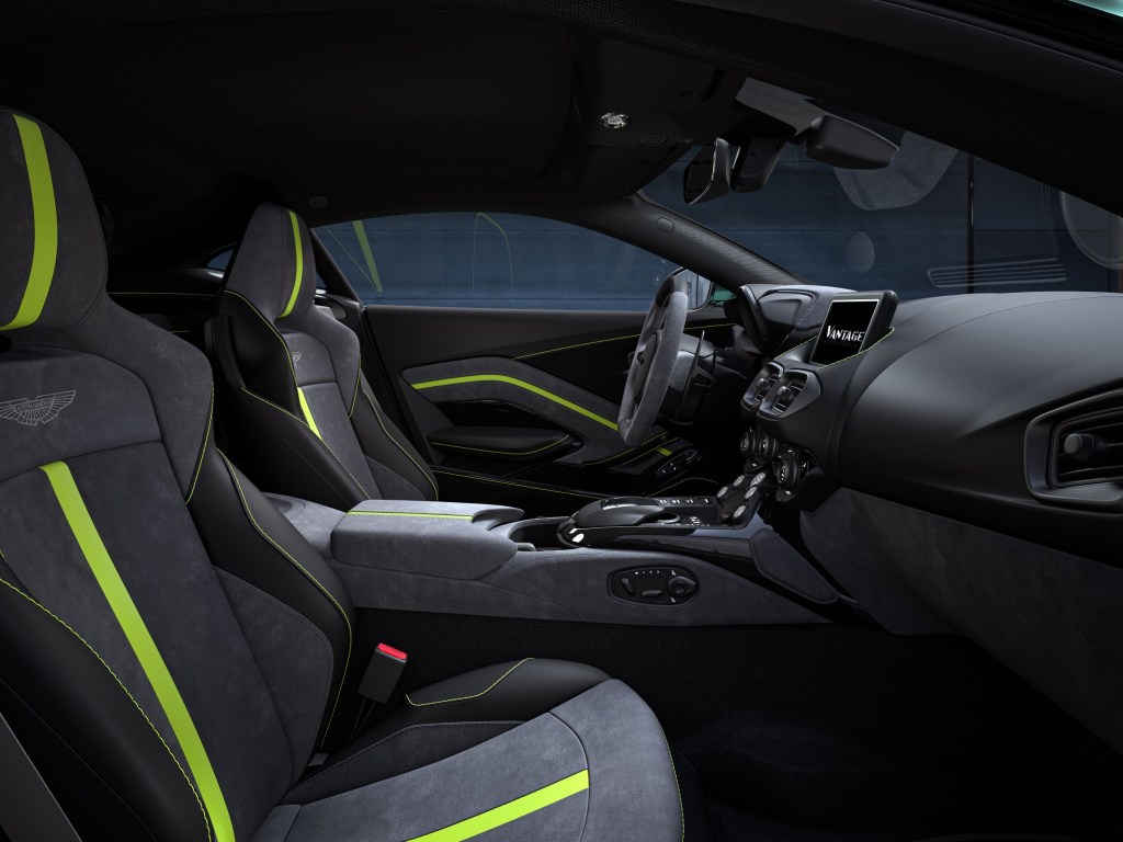 The green-and-black Alcantara-and-leather seats and dashboard of a 2022 Aston Martin Vantage F1 Edition