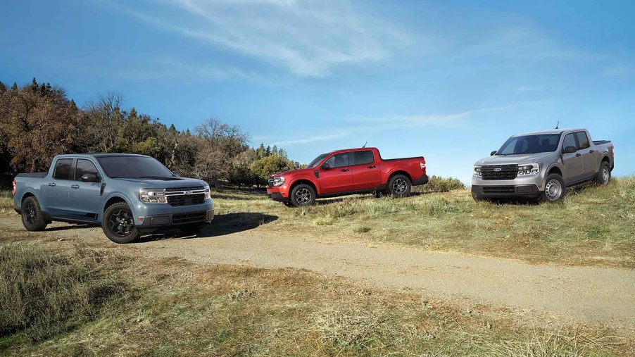 The 2022 Ford Maverick family parked near an off-road trail