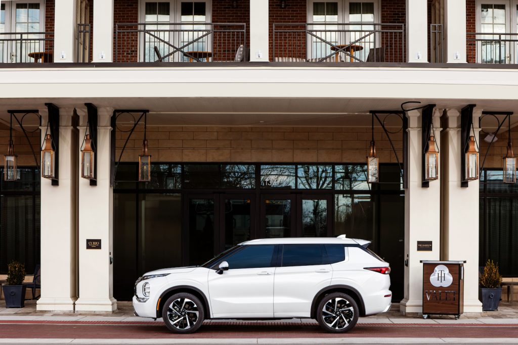 A white 2022 Mitsubishi Outlander, the most improved new SUV of 2021
