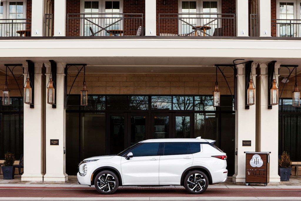 A white 2022 Mitsubishi Outlander, the most improved new SUV of 2021