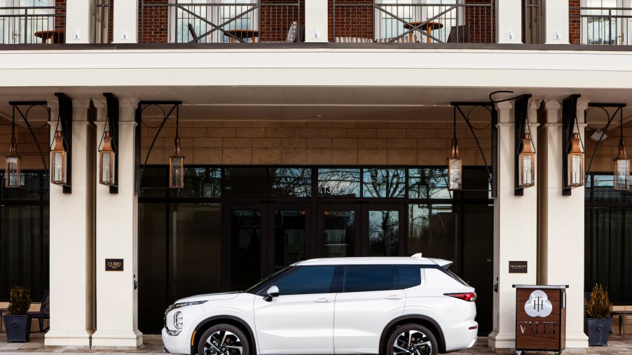 A white 2022 Mitsubishi Outlander, the most improved new SUV of 2021