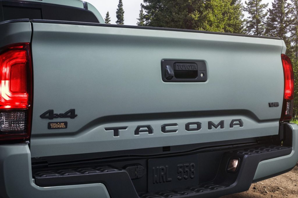 The tailgate of the 2022 Toyota Tacoma Trail Edition off-road pickup truck. 