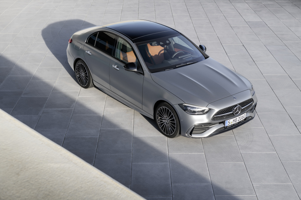 The 2022 Mercedes-Benz C-Class in silver, photographed above