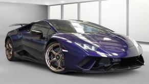 An image of a purple Lamborghini Huracan Performante held for auction.