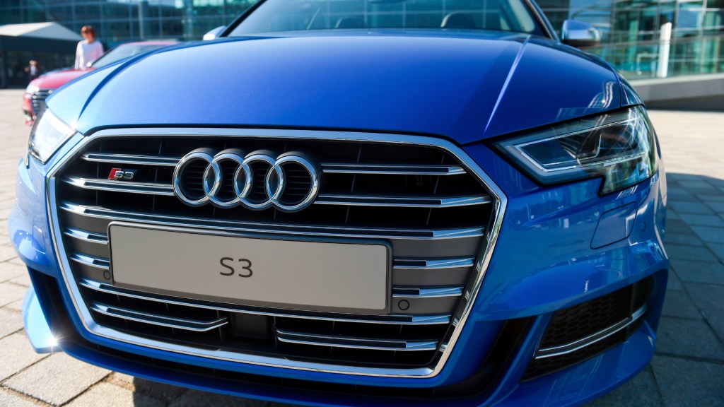 Blue Audi S3 car on the sidelines of the Audi AG annual general meeting in Ingolstadt, southern Germany, on May 9, 2018.