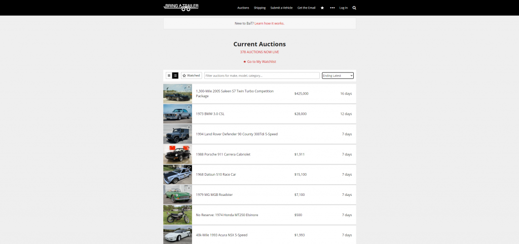 The online car autction site Bring-a-Trailer showcases listings for many different makes and models