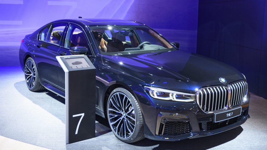 Black BMW 7 Series 745e plug-in hybrid luxury limousine on display at Brussels Expo