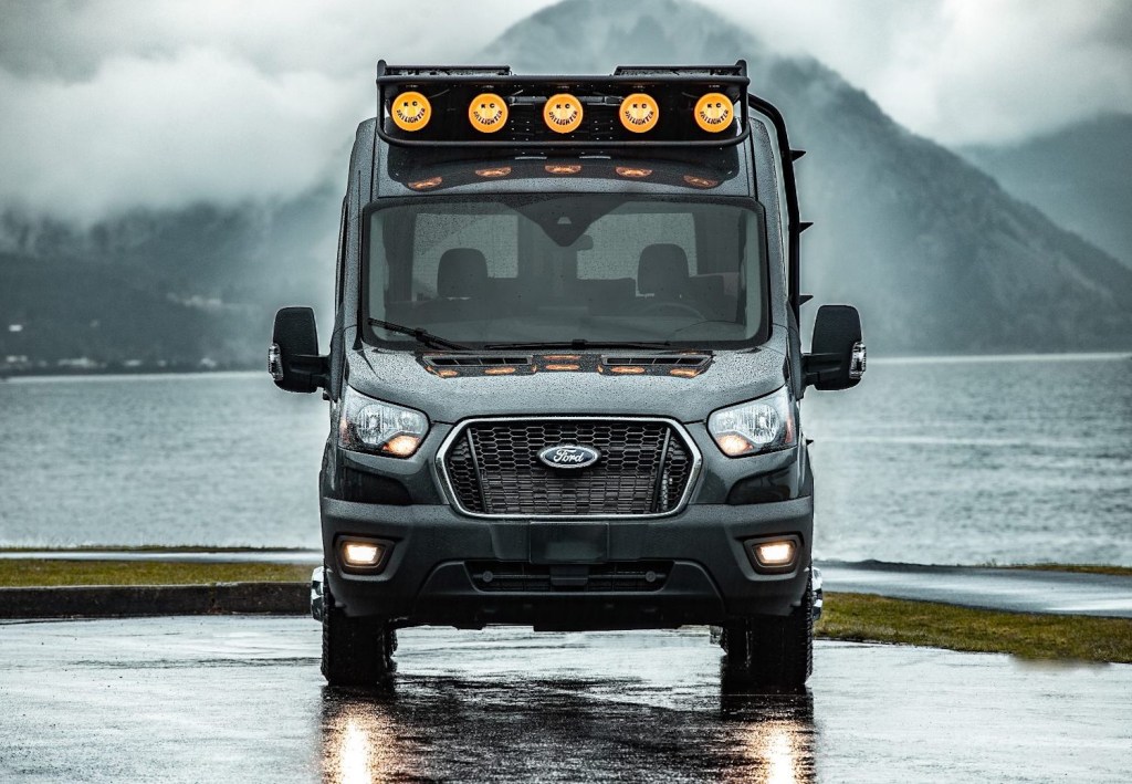 this 2020 Ford Transit camper van facing the camera with a rack of lights. This is probably one of the best RVs. 