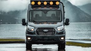this 2020 Ford Transit camper van facing the camera with a rack of lights. This is probably one of the best RVs.